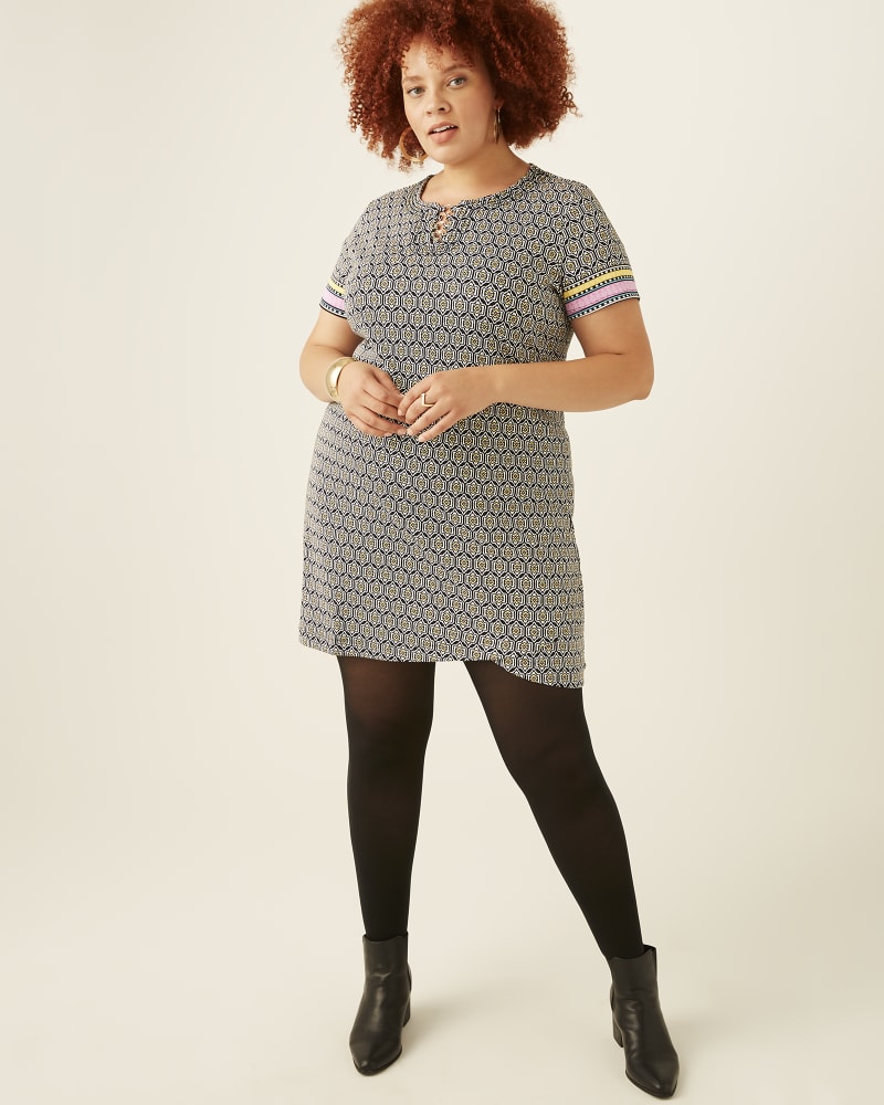 Plus size model with hourglass body shape wearing Julia Printed Jersey Dress by Rafaella | Dia&Co | dia_product_style_image_id:172443